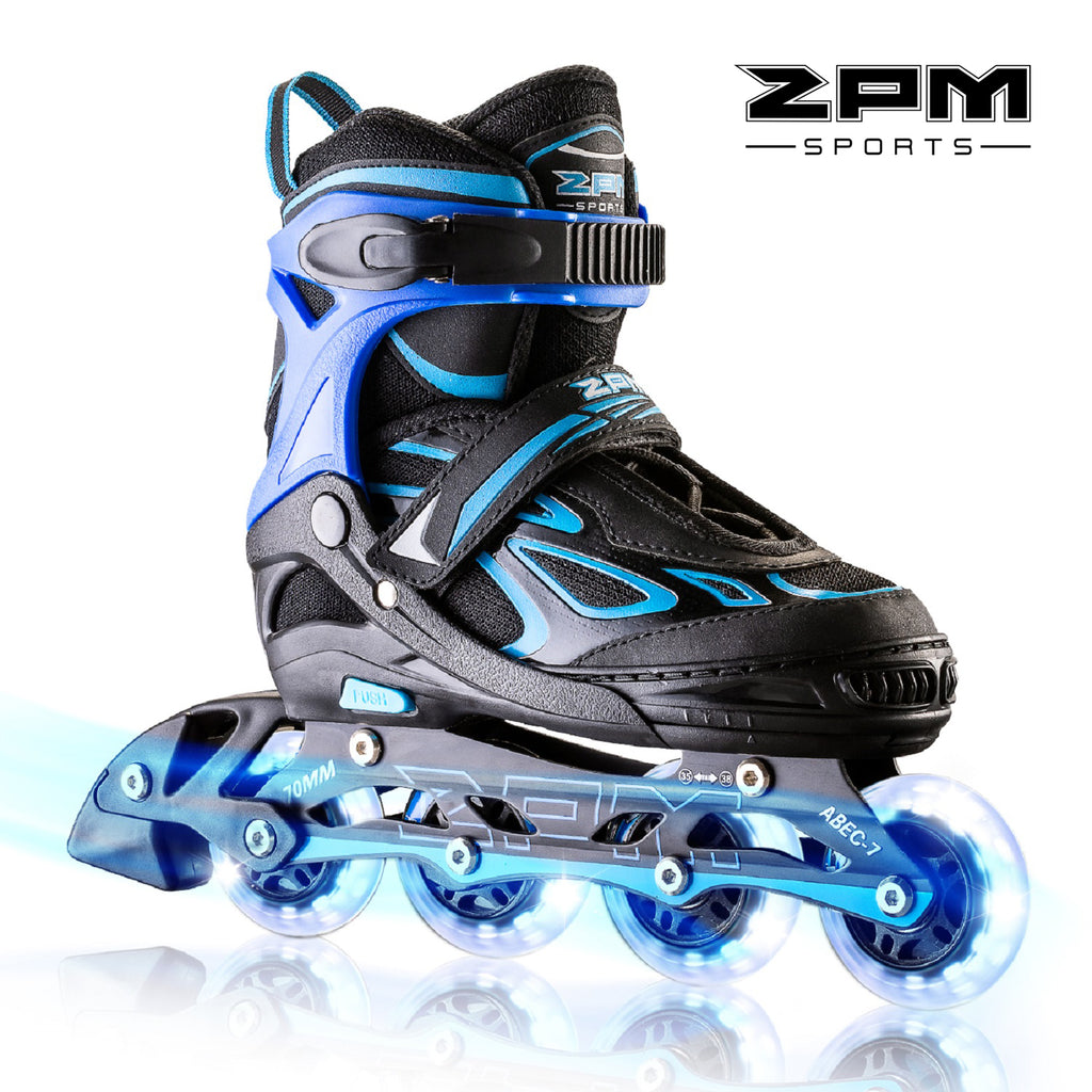 2pm Sports Vinal Boy's Blue Inline Skates, 8 Wheels Light up and 4 Size Adjustable, Fun Illuminating Roller Blades for Kids - Size Large (4Y-7Y US)