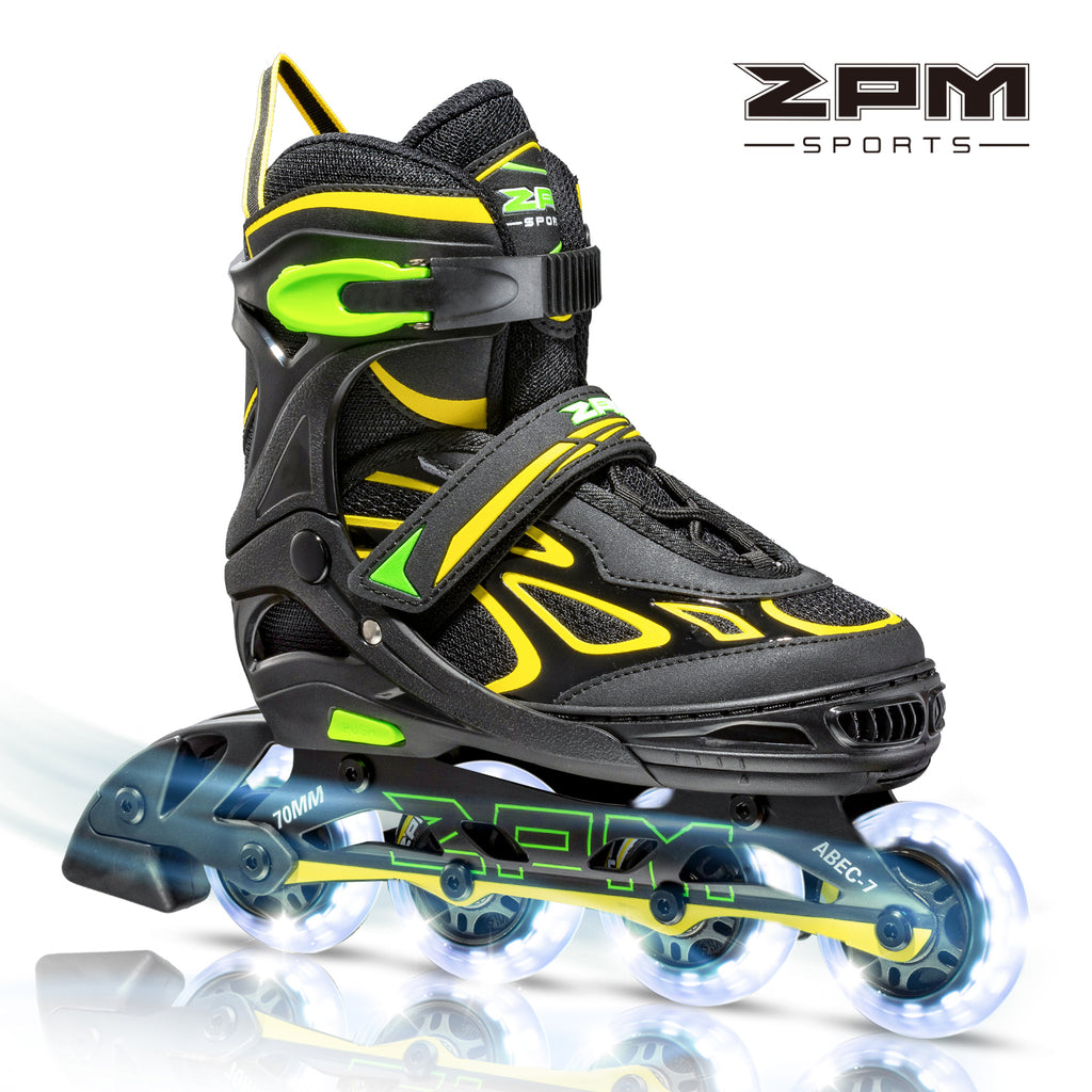 2pm Sports Vinal Boy's Yellow Inline Skates, 8 Wheels Light up and 4 Size Adjustable, Fun Illuminating Roller Blades for Kids - Size Medium (1Y-4Y US)