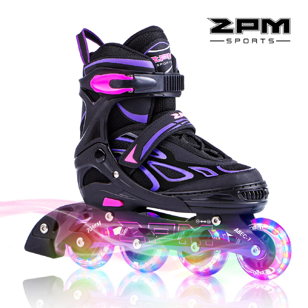 2pm Sports Vinal Girl's Violet Inline Skates, 8 Wheels Light up and 4 Size Adjustable, Fun Illuminating Roller Blades for Kids - Size Small (10C-13C US)